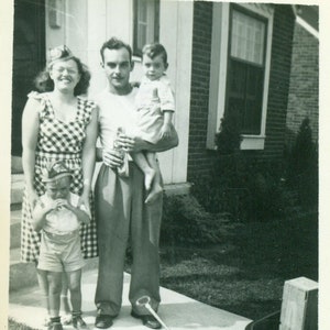 1948 Baby Boomer Family Red Wagon Funny Hats Plaid Sun Dress Crying Boy 1940s Summer  Vintage Black and White Vintage Photo Photograph