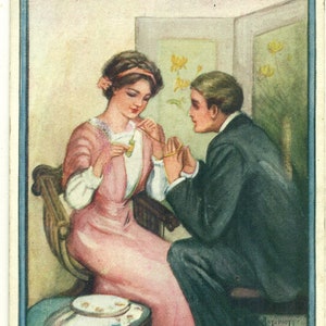 Antique Postcard 1910 Dating Courting Couple Hints To the Bashful Lover Always Hold Embroidery Silks Mailed