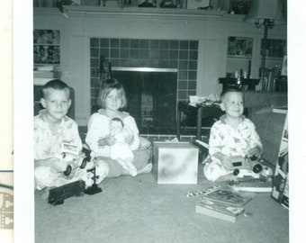 1963 Christmas Morning Kids in PJs Holding Toys Truck Doll Photo Black White Photograph