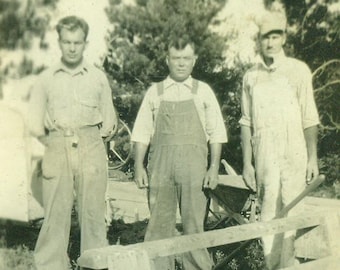 Farmers Working Men Standing in Overalls Wheelbarrow 1920s Antique Vintage Photo Black and White Photograph