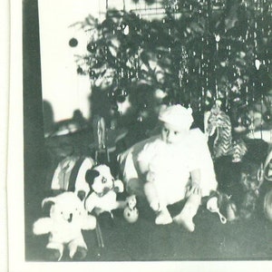 Baby's First Christmas Tree Teddy Bear Panda Toys 40s Foto Vintage Negro Fotografía Imagen
