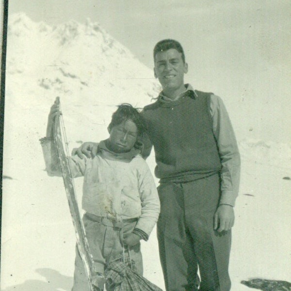 1940s Alaska Native Eskimo Boy WW2 Army Soldier Skis Game Bag Spring Snow Vintage Photo Photograph