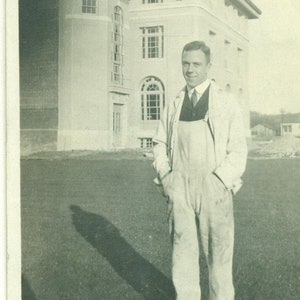 1915 Working Church Man Overalls Coat Over Suit Tie Antique Photograph Black White Photo