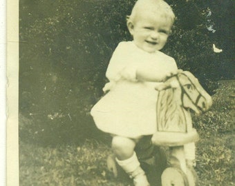 Baby on Wood Toy Horse Scooter 1910s Antique Vintage Photograph Black White Photo