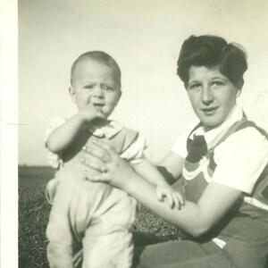 1930s Big Brother Unsure About Holding Baby Midwestern Field 30s Vintage Photo Black White Photograph