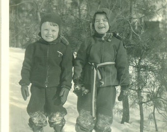 Winter 1940 Brothers Boys Playing in Snow Snowsuits Laughing Happy 40s Vintage Photograph Black White Photo