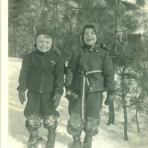 Winter 1940 Brothers Boys Playing in Snow Snowsuits Laughing Happy 40s Vintage Photograph Black White Photo