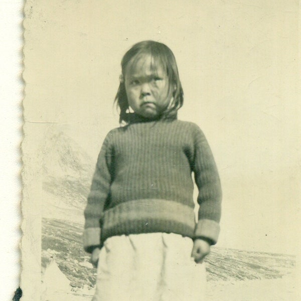 1940s Alaska Native Eskimo Girl Wearing Knit Sweater Traditional Books WW2 Army Soldier Vintage Photo Photograph