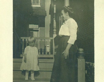 Mother Daughter Standing On City Porch Steps Cute Girl White Dress RPPC Real Photo Postcard  Antique Vintage Black White Photo Photograph