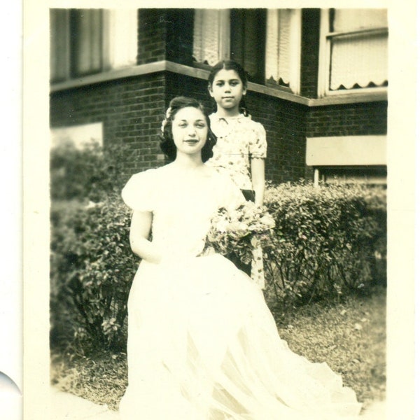 Beautiful Bride Ethnic Woman Little Sister Wedding Day 1930s Vintage Black White Photo Photograph