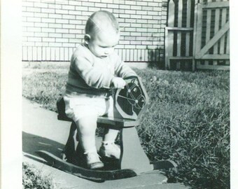 1940s Baby Boy on Toy Rocking Horse Wood Wooden 40s Vintage Photograph Black White Photo