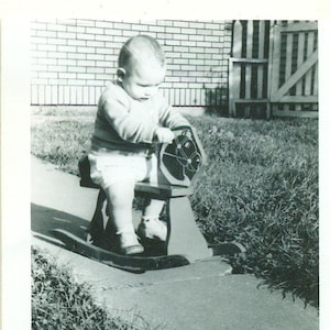 1940s Baby Boy on Toy Rocking Horse Wood Wooden 40s Vintage Photograph Black White Photo