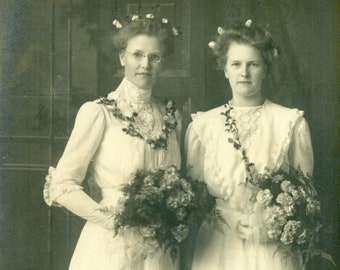 Edwardian Wedding Day Mother Bride Holding Bouquets 1910s Antique RPPC Real Photo Postcard