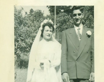 1949 Wedding Day Bride in Gown and Veil Groom 1940s Vintage Black and White Photo Photograph