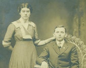 Teenage Husband and Wife Sitting in Wicker Chair RPPC Portrait Antique Real Photo Postcard Vintage Photograph Black White Photo