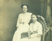 Beautiful Edwardian Sisters Sitting Wicker Chair RPPC Portrait Antique Real Photo Postcard Vintage Photograph Black White Photo