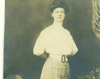 1900s Woman Portrait Standing in Corset Waist Dress RPPC Antique Vintage Photograph Black White Sepia Photo