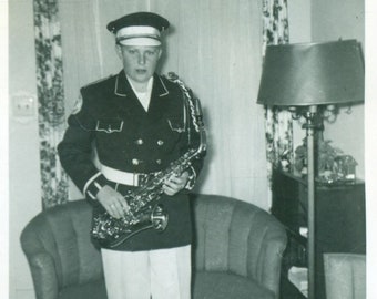 Marching Band Sax Player High School Boy in Uniform Standing in Living Room Saxophone Vintage Black White Photo Photograph