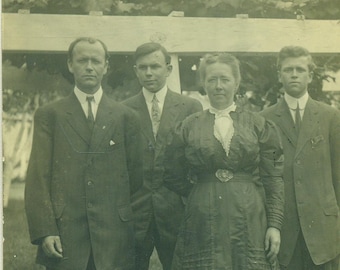 1890s Family Mother Father Sons Corset Waist Dress  RPPC Antique Vintage Photograph Black White Photo