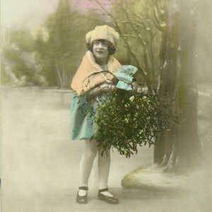 1900s French Colorized Postcard Deco Girl Holding Branch New Years Bonne Annee RPPC Antique Vintage Photograph Real Photo Postcard