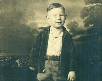Edward Stanford Boy in Oversized Clothes Side Slicked Hair 1910s Antique RPPC Real Photo Postcard Photograph