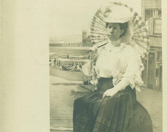 Edwardian Lady Parasol Umbrella Beach Backdrop Portrait 1900s Antique RPPC Real Photo Postcard Photograph Black White Photo