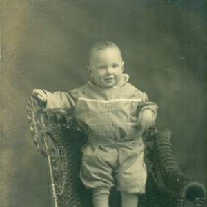 Baby Boy Striped Romper Suit Standing Wicker Chair 1910s RPPC Real Photo Postcard Photographie Black White Photo Black White