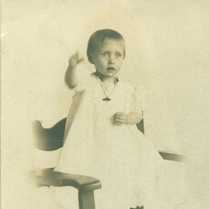 Kathryn Smith Toddler Girl Pointing Standing In Chair 1900s RPPC Real Photo Postcard Photograph