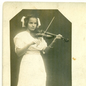 Darla Haney Playing Violin 1910s Teen Girl Photo Antique Mailed RPPC Real Photo Postcard Photograph Black White Photo
