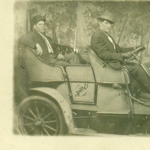 Serious Driver Men in Convertible Car Studio Portrait Leather Gloves 1910s RPPC Real Photo Postcard Antique Photograph