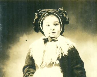 Winter Girl Mongolian Lamb Fur Collar Muff Ribbon Bonnet 1910s Antique RPPC Real Photo Postcard