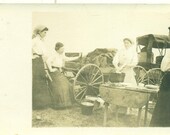 Women Washing Dishes Horse Buggy Wagon Cast Iron Pot Western Fun RPPC Real Photo Postcard Photograph Black White Photo