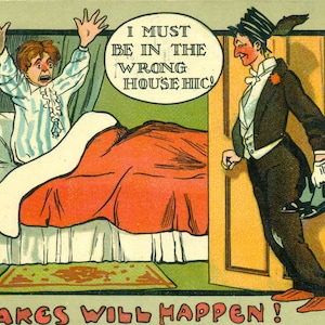 1908 Bluffton IN Drunk in Bed I Must Be In The Wrong House Hic Mailed Joke Novelty Postcard Antique
