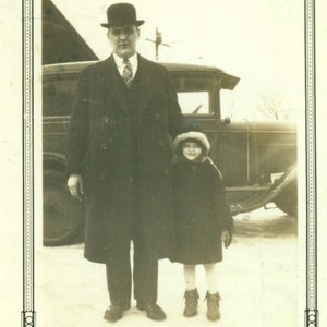 1930s Dad Daughter Car Winter Snow Man Girl Coat Hat 30s Photograph Black White Photo