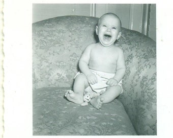 1940s Happy Laughing Baby With Toy on Couch 40s Vintage Photograph Black White Sepia Photo