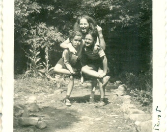 1943 3 Girls 3 Legs One Foot Pyramid Summer Fun At Camp Vintage Black White Photo Photograph