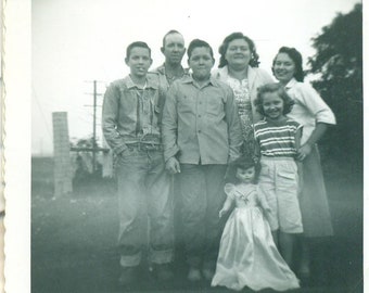 Girl Doll Easley Family Group Photo 50s Vintage Photograph Black White Photo