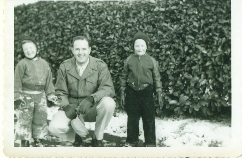 Playing in the Snow Father and Sons Happy Boys Winter 50s Vintage Black and White Photo Photograph image 1