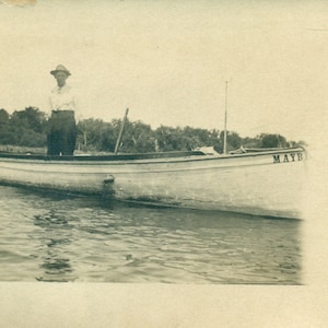 Well Dressed Old Man Standing in Canoe Lake Water Fishing 1910s RPPC Real Photo Postcard Antique Photograph