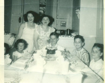 Stevens 8th Birthday Party 1950 Happy Boy With Cake and Friends Vintage Black and White Photo Photograph