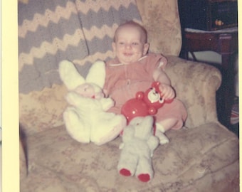 1963 Danny Baby Boy with Toys Stuffed Elephant Rabbit Bear Chair 60s Vintage Photograph Color Photo