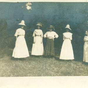 Women Standing Outside Big Summer Sun Hats Edwardian Dress 1910s Antique RPPC Real Photo Postcard Photograph Black White Photo