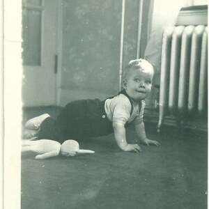 1944 Baby Boy Crawling on Floor Stuffed Rabbit Toy 40s Photo Black White Photograph