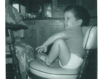 1950s Happy Boy Sitting on Kitchen Chair Toddler Kid 50s Vintage Photograph Black White Photo