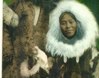 Alaska Eskimo Happy Jack And Beautiful Wife Fur Parka Antique Color Postcard MN mailed