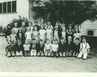 1940s School Class Photo Under Palm Tree Kids Boys Girls 40s Vintage Photograph Black White Photo