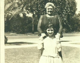 1930s Mother Daughter Hazel Standing Outside Palm Tree 30s Antique Vintage Photograph Black White Photo