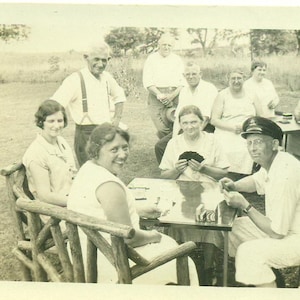 1930s Family Card Game Playing Outside 30s Photo Black White Photograph