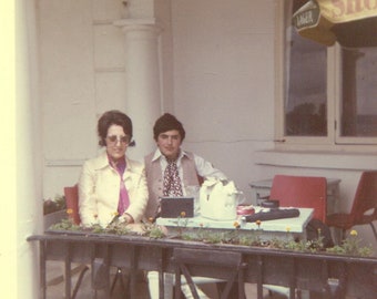 1960s Mod Couple Sitting Outside Sidewalk Cafe White GoGo Boots 60s Vintage Photograph Color Photo