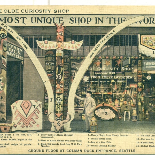 Seattle WA Ye Old Curiosity Shop Alaska Totem Pole Whale Bones Chilkat Blanket Walrus Mammoth Tusk Antique Postcard Unmailed